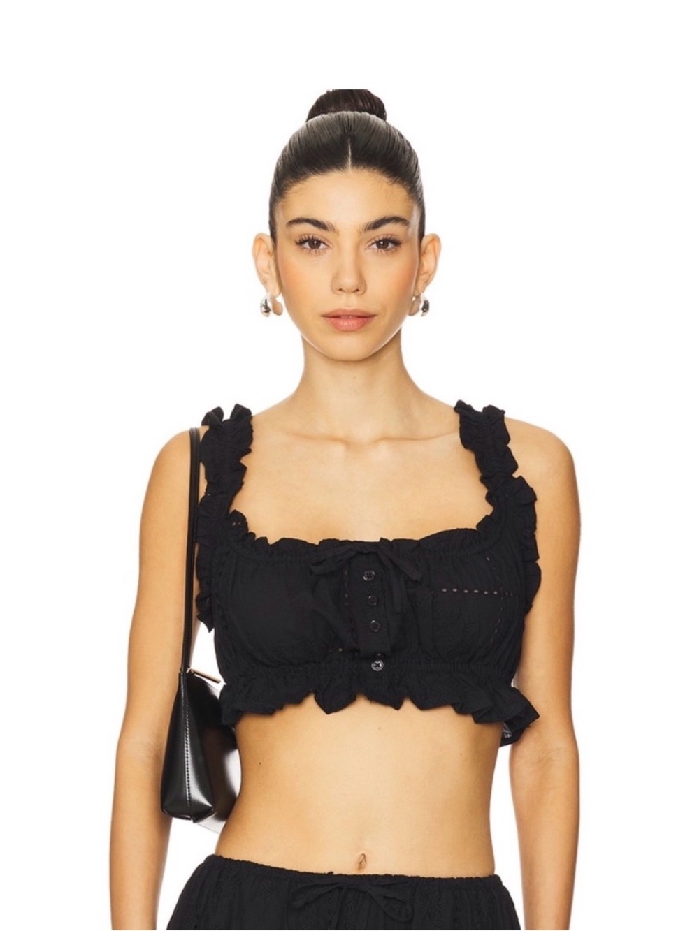 Black Floral Eyelet Ruffle Button Crop Top NEW Large delicate feminine